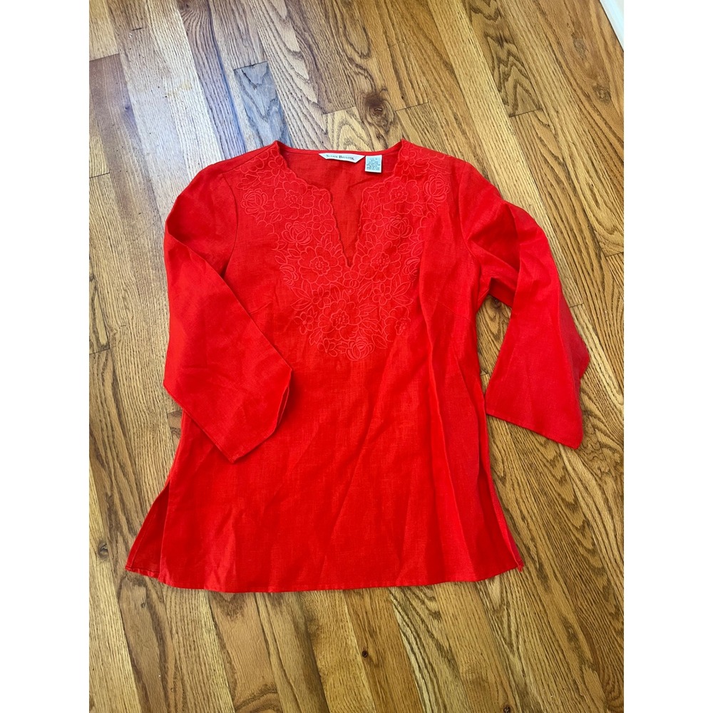 Susan Bristol Red 100% Linen Embroidered V-Neck Tunic Top 3/4 Sleeve Womens S